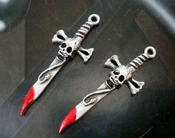 Gothic, Skull Swords, Bones Swords, Snake, Sword and With Blood Or Not, Necklace or Ear ring Supply, Pair of Metal Pendants