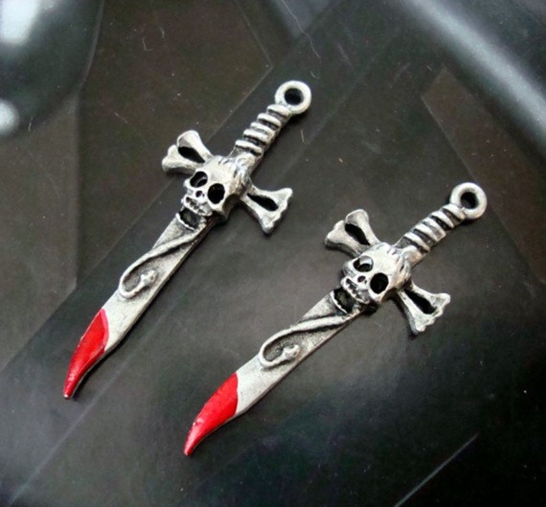 Gothic, Skull Swords, Bones Swords, Snake, Sword and With Blood Or Not, Necklace or Ear ring Supply, Pair of Metal Pendants image 1