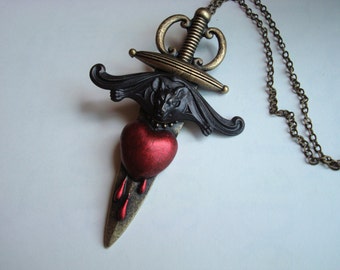 Vampire Bat Sword Necklace, Bloody Heart With Droplets, Hand Crafted, Unique, Very Limited, USA