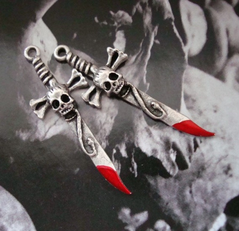 Gothic, Skull Swords, Bones Swords, Snake, Sword and With Blood Or Not, Necklace or Ear ring Supply, Pair of Metal Pendants image 4