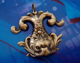 Vintage Ox WATER DRAGON PENDANT, Great Details of Scales and Wiskers, Unique, Hardened Brass Ox