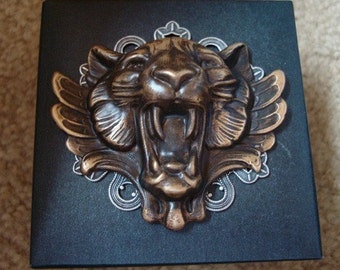 THE VICTORIAN ROAR, Winged Lion, Gryphon Like, Sterling Silver Filigree Backing, Metal bonded Not Glued, 2 3/4 Inches Wide