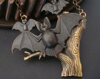Gothic, Bats, Necklace, Preparing For The Evening, Custom Necklace, Original, Hand Crafted, Metal Bonded NOT GLUED, USA, Decadent Chain