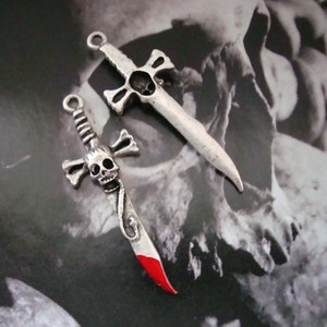 Gothic, Skull Swords, Bones Swords, Snake, Sword and With Blood Or Not, Necklace or Ear ring Supply, Pair of Metal Pendants image 5