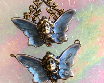 Fairy With Iridescent Wings, Morning Glory Vines with Ring as Bail OR Fairy with Jump  Rings, Metal Boned Necklace Supply, NOT Glued