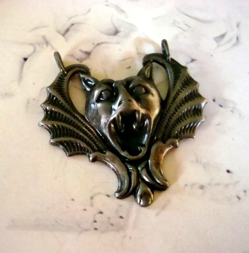 Supplies, Gothic, Victorian Vintage Silver Ox, Gargoyle Pendant, Winged Dark Creature Necklace Supply, Two Ring Connector, Handmade, USA image 5