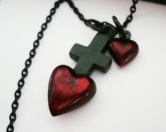 Gothic Heart to Heart Cross Necklace. Custom and Unique Pendants, USA Metals, Hand Made