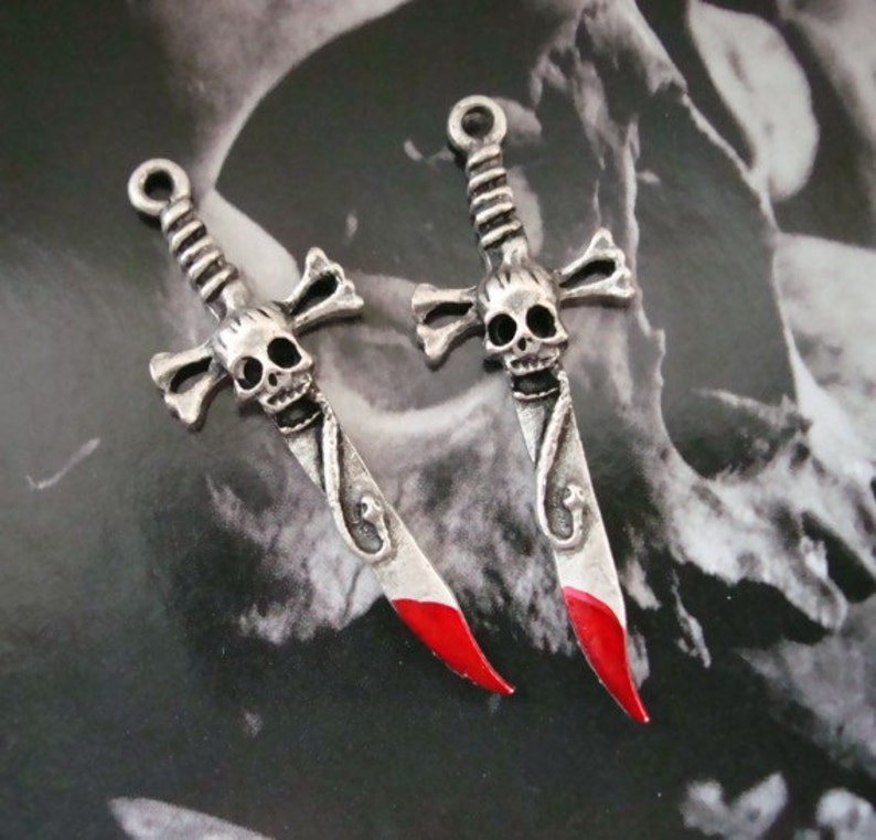 Gothic, Skull Swords, Bones Swords, Snake, Sword and With Blood Or Not, Necklace or Ear ring Supply, Pair of Metal Pendants image 3