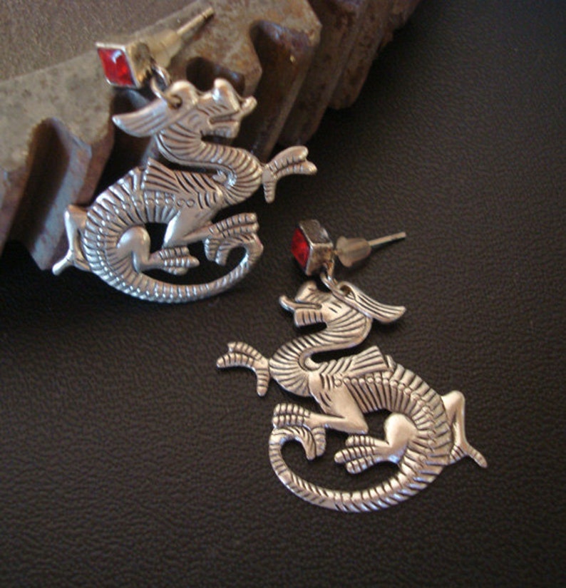 Dragon, Jewelry, Dangle Earrings, Posts, Red Jewel Setting, Silver Ox, USA Metals, Handmade, Gift, Holiday image 5