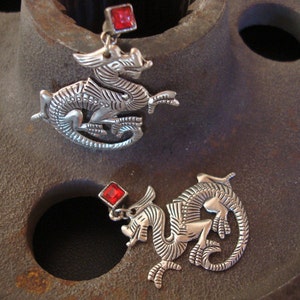 Dragon, Jewelry, Dangle Earrings, Posts, Red Jewel Setting, Silver Ox, USA Metals, Handmade, Gift, Holiday image 4