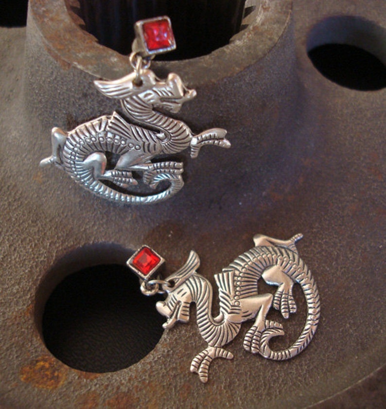 Dragon, Jewelry, Dangle Earrings, Posts, Red Jewel Setting, Silver Ox, USA Metals, Handmade, Gift, Holiday image 4