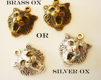 2 Tiger Charms, Great Necklace Supply, Ear ring Components, Brass Metal, Choice Brass ox OR Silver ox