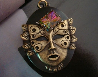 JEWELED MASK Locket Or Completed Necklace, Unique, Very Colorful Jewel, Necklace Supply, Original Design Pendant, Custom Handmade, USA