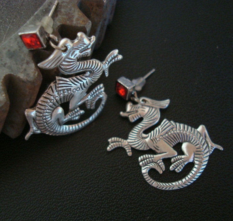 Dragon, Jewelry, Dangle Earrings, Posts, Red Jewel Setting, Silver Ox, USA Metals, Handmade, Gift, Holiday image 2