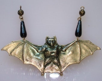 Bat Necklace or Pendant, Bats Are Freaky But Oh So Cute, Vintage Black Teardrop Beads, 3 1/2 Inches Wide, Handmade, USA