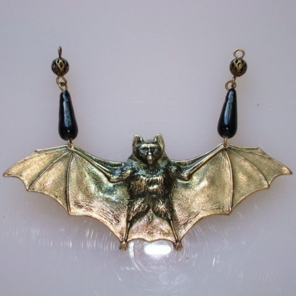 Bat Necklace or Pendant, Bats Are Freaky But Oh So Cute, Vintage Black Teardrop Beads, 3 1/2 Inches Wide, Handmade, USA