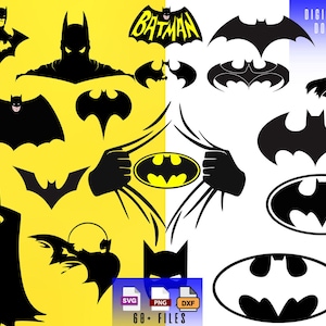 Può includere: Una collezione di loghi e silhouette di Batman in nero e giallo. I loghi includono il simbolo iconico di Batman, le parole "Batman" e una silhouette di Batman con il suo mantello disteso. Le immagini sono adatte per l'artigianato, lo scrapbooking e altri progetti creativi.