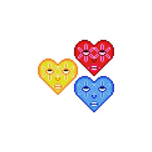 May include: Three pixelated heart shapes in yellow, red, and blue, each with a face design. The hearts are arranged in a triangular pattern against a white background. The hearts have eyes and mouths.
