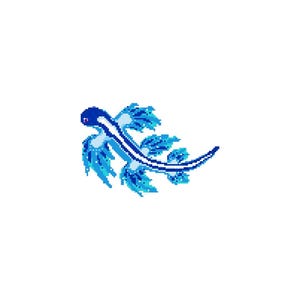 Pode incluir: Ilustração pixelizada de um dragão marinho azul, com cabeça azul escura, uma faixa branca e apêndices azuis claros. A criatura está sobre um fundo branco, dando-lhe uma estética limpa.