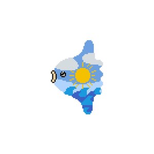 Pode incluir: Ilustração pixelizada de um sol sorridente com nuvens e ondas. O sol é amarelo com raios laranja, em um fundo azul e branco. O design tem um estilo de desenho animado.