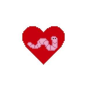 May include: Pixelated image of a red heart containing a pink worm. The worm is curved and has two small black dots for eyes. The background is plain white.