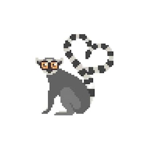 May include: Pixelated illustration of a lemur with a long, striped tail. The lemur is depicted in shades of gray, with a black and white striped tail. The lemur is wearing glasses and is sitting down.