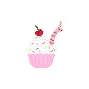 May include: Pixel art image of a cupcake with white icing, sprinkles, and a cherry. A pink worm wearing a party hat is coming out of the icing. The cupcake is in a pink paper case.