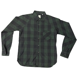 May include: A long-sleeved, button-down shirt in a green and black plaid pattern. The shirt has a single chest pocket and a classic collar. The sleeves have buttoned cuffs.