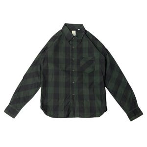 May include: A long-sleeved, button-down shirt in a green and black plaid pattern. The shirt has a single chest pocket on the left side and a classic collar. The fabric appears to be a lightweight material.