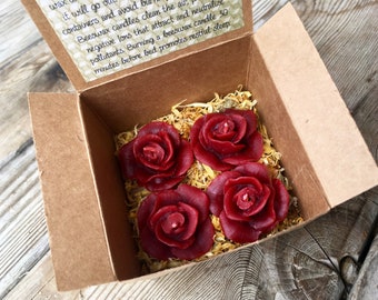 4 Mini RED BEESWAX ROSE Floating Candles | Crimson Red | 100% Natural & Botanically Dyed Beeswax