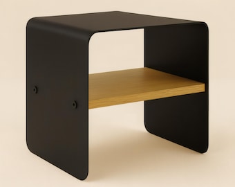 Modern Nightstand - Black Steel & Wood Side Table with Shelf