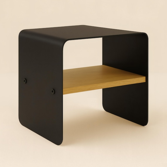 Modern Nightstand - Black Steel & Wood Side Table with Shelf