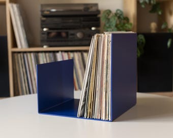 Ultramarine Blue Metal Vinyl Record Rack: Modern LP Storage