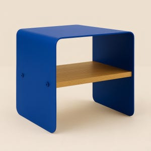 A blue metal nightstand with rounded corners and a light wood shelf, viewed from a slight angle against a beige background.