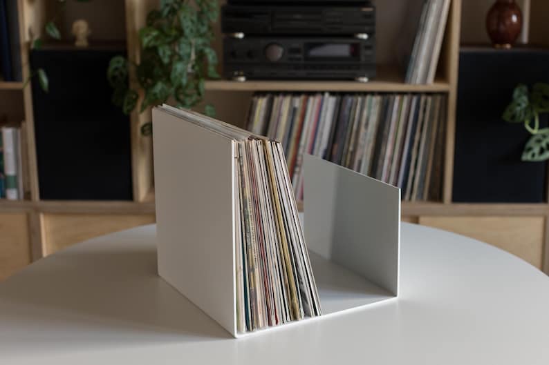 White Metal Vinyl Record Holder, Modern LP Storage with Minimalist Design