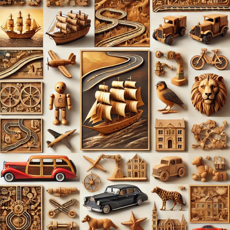 May include: A collection of miniature wooden models, including ships, houses, airplanes, and animals. The models are painted in various colors, including brown, white, red, and blue. The models are arranged on a wooden surface.