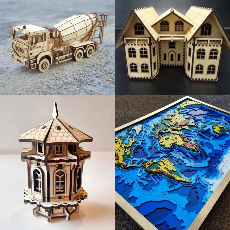May include: Four wooden model kits: a concrete mixer truck, a house, a small tower, and a 3D world map. The models are made of laser-cut wood and are ready to be assembled.