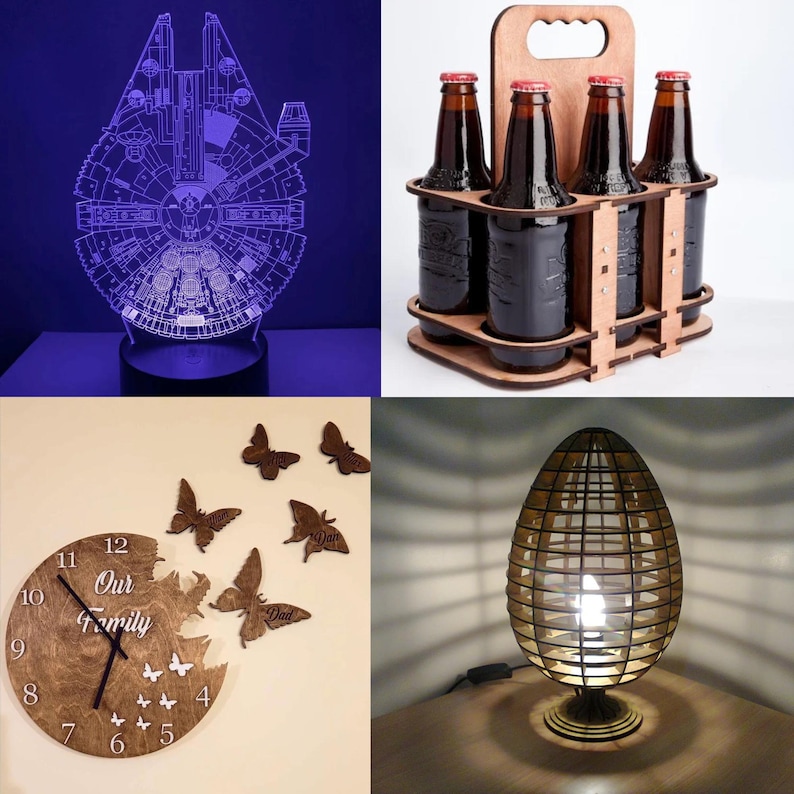 May include: Four different laser cut wooden crafts. A Star Wars Millennium Falcon night light, a six-pack beer carrier, a clock with the words "Our Family" and a table lamp shaped like an egg.