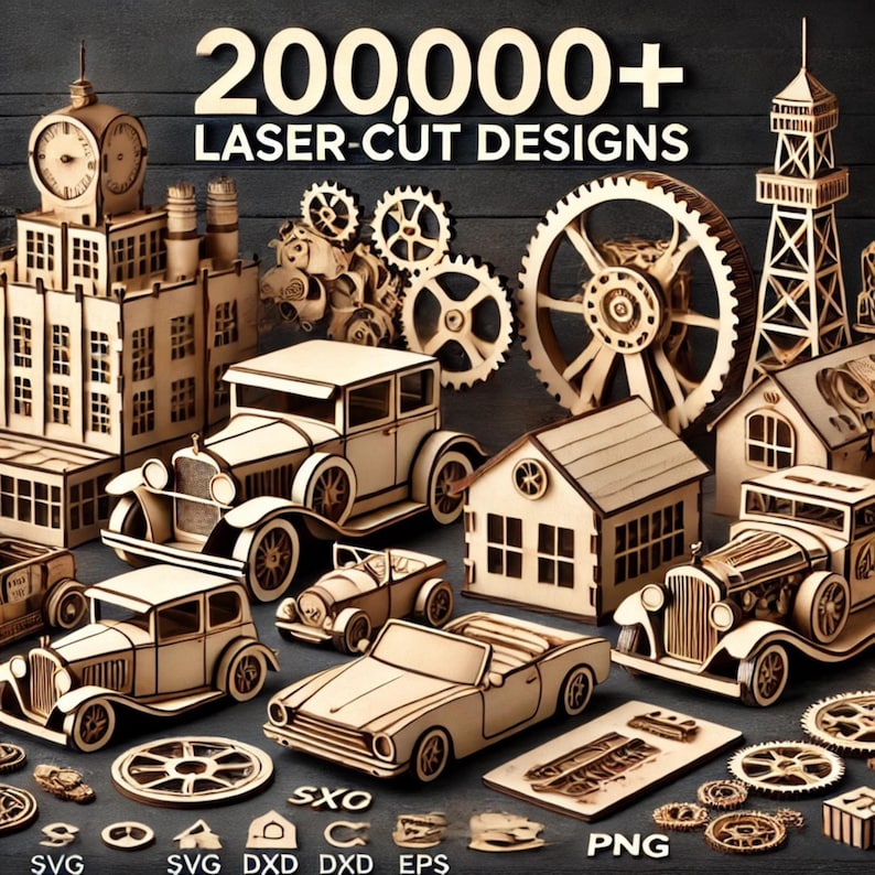 May include: A collection of over 200,000 laser-cut designs featuring various wooden models, including houses, cars, gears, and a tower. The designs are perfect for crafting and DIY projects.