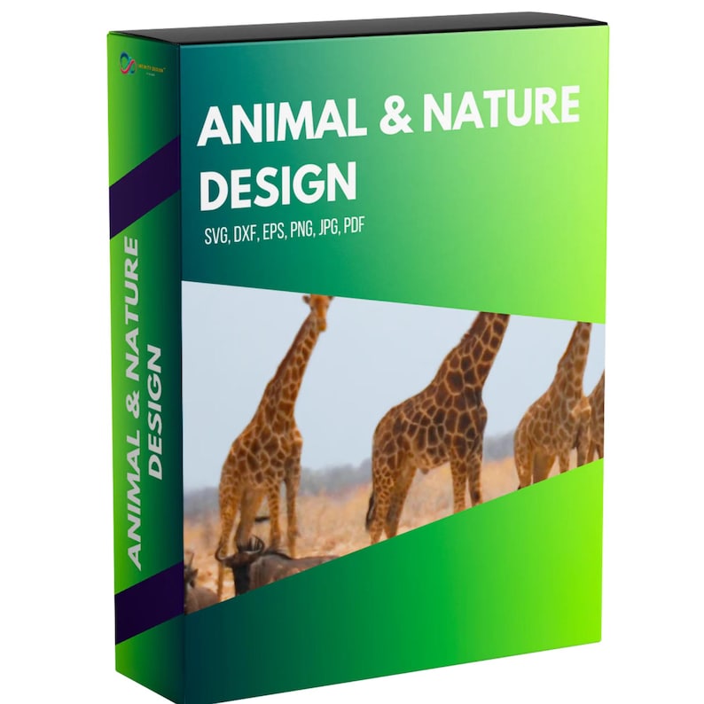 May include: A product cover featuring a green and purple gradient background with the text "ANIMAL & NATURE DESIGN" in white. The cover also features a photo of four giraffes in a grassy field.