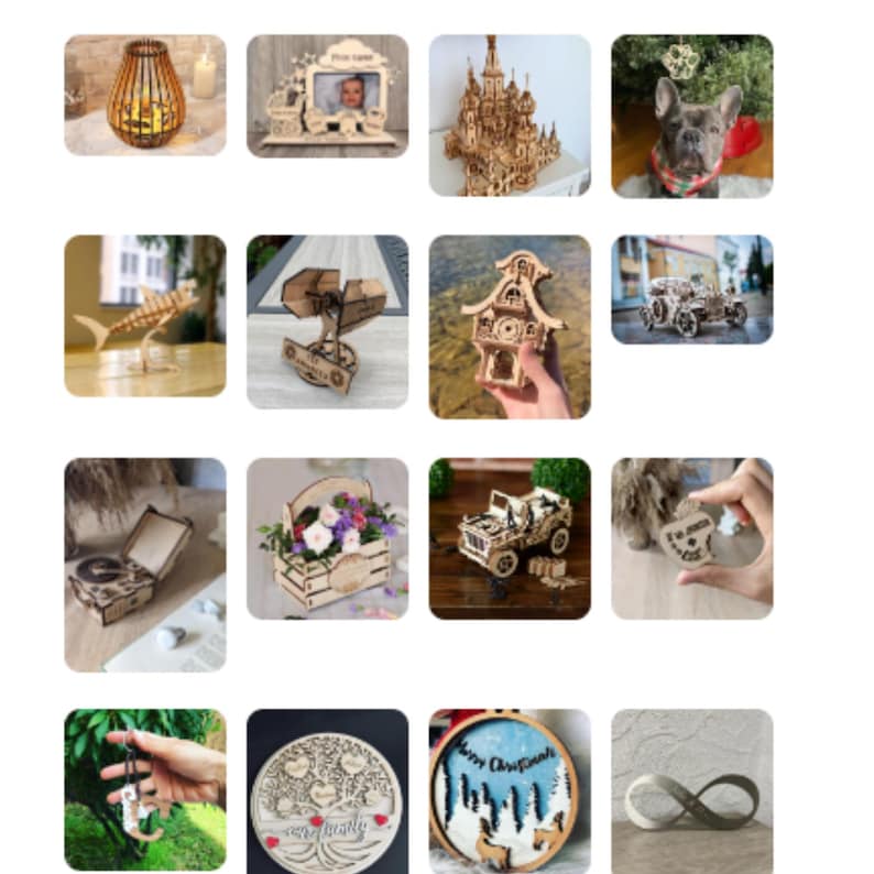May include: A collection of 12 wooden laser cut crafts, including a lamp, a picture frame, a castle, a dog, a fish, a carousel, a clock, a car, a box, a jeep, a tree, and an infinity symbol.