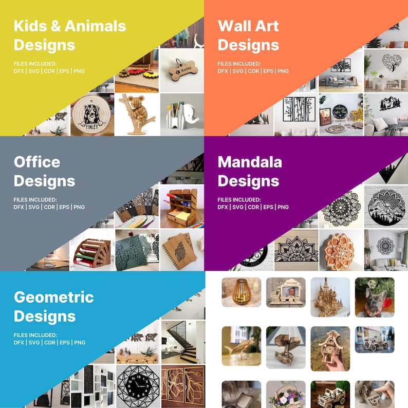May include: A collage of images showcasing various laser cut designs, including kids and animals, wall art, office decor, mandalas, and geometric patterns. The designs are made from wood and metal and are perfect for home decor, crafts, and DIY projects.