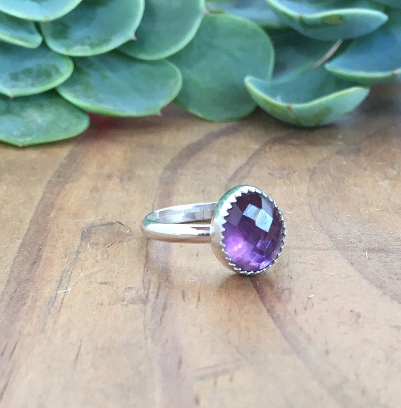 Faceted Amethyst Solitaire Ring Sterling Silver size 7 High Polished Band Party Bridesmaid Bride Elegant gift purple stacker