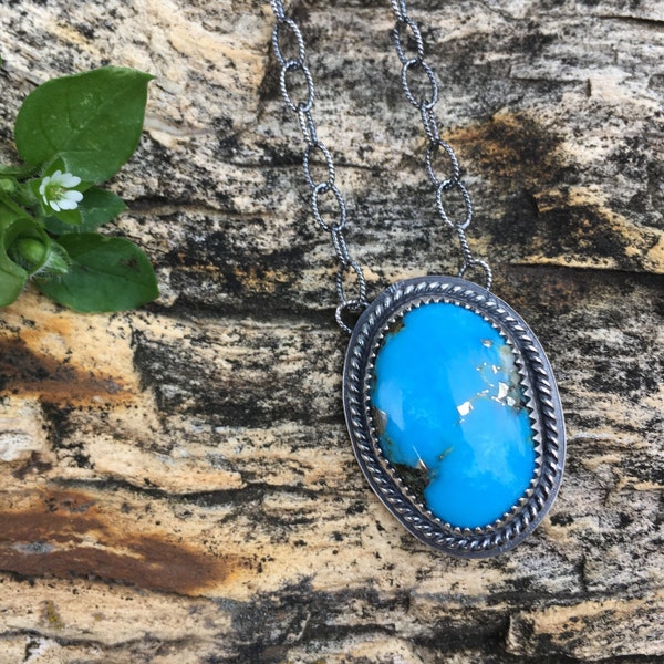 Bisbee turquoise blue Necklace handcrafted silversmith artisan blackened Sterling silver western country gift bright light positive energy