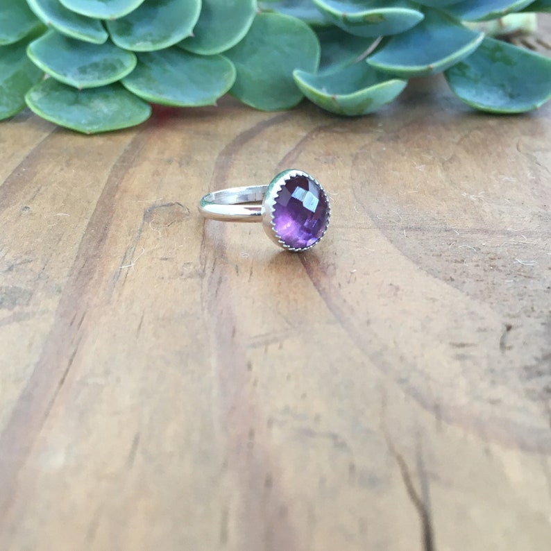 Faceted Amethyst Solitaire Ring Sterling Silver size 7 High Polished Band Party Bridesmaid Bride Elegant gift purple stacker