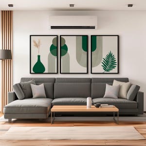 Green Boho Wall Prints Set of 3 | Bohemian Wall Art | Aesthetic Abstract Prints | Neutral Geometric Art | Minimalist Style Plant Poster