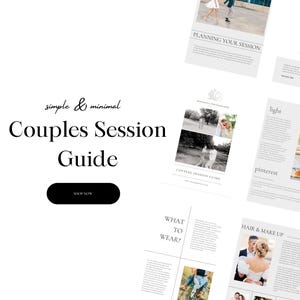 Op de afbeelding: Een gids voor stellen over het plannen van een eenvoudige en minimalistische fotosessie. De gids bevat tips over wat te dragen, verlichting en Pinterest-inspiratie. De omslag toont een stel in een park.