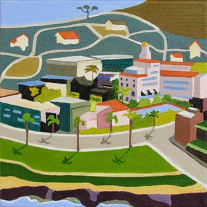La Jolla CA, Souvenir Keepsake Art Print, Travel Art Memento Vacation Memory La Valencia Hotel California Landscape Cityscape,  Folk Art