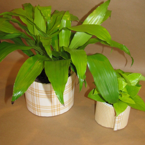 2 Pack PlantSuit Designer Decorative Plant Pot Cover, Don't Repot, Clips on in Seconds. Yellow Reversible "Suits" for Plastic Plant Pot.
