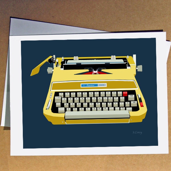 Note Card, Yellow Gold Typewriter Card, Blank Inside, for Graduates, Writers, or Saying Hi, by Artist Sandra Corey, FREE DOMESTIC SHIPPING..